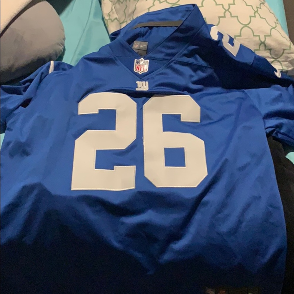 NFL NY Giants Barkley Blue Jersey On Field Label